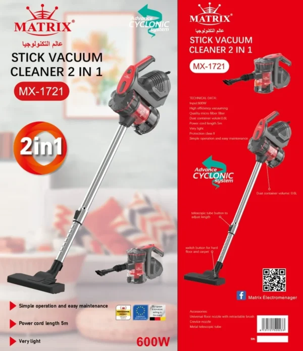 Aspirateur Balai 2en1 – 600W – 0.6L Noir et Rouge Matrix MX-1721 – Image 2